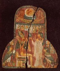 Deckel des Sarges der Sängerin Toarnemiherti, der die Verstorbene zeigt, wie sie Osiris auf dem Thron Weihrauch darbringt, Dritte Zwischenzeit